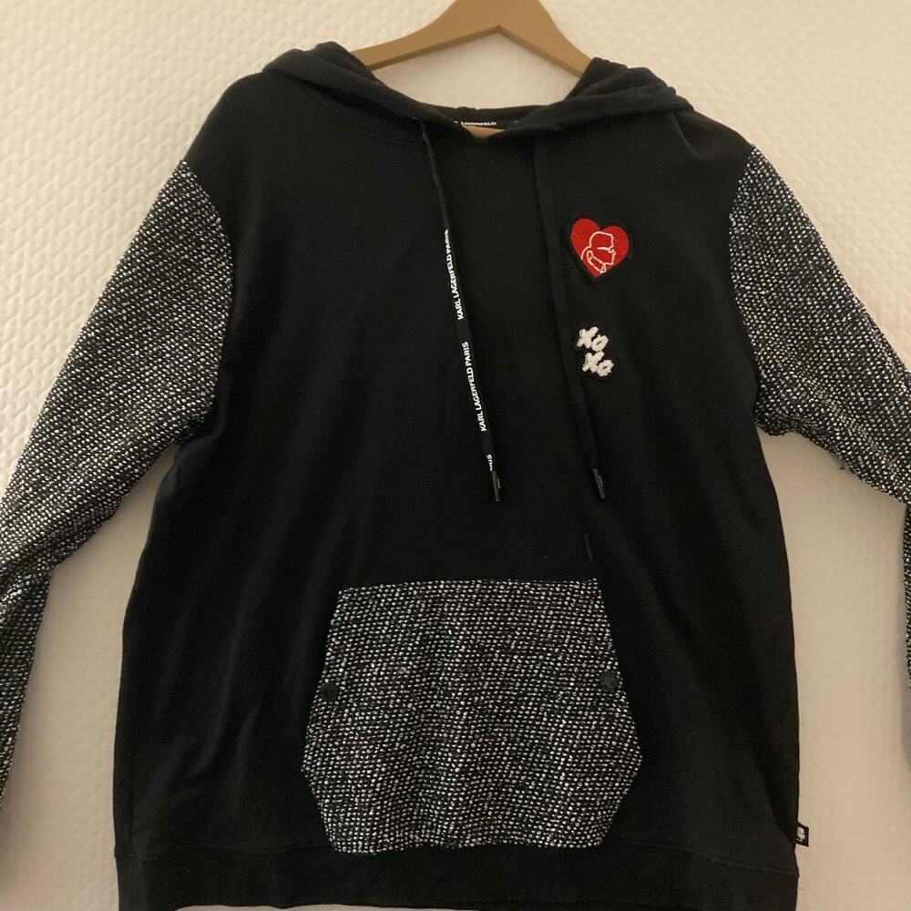 Karl Lagerfeld Paris Women’s Tweed Patch Hoodie Black Size L